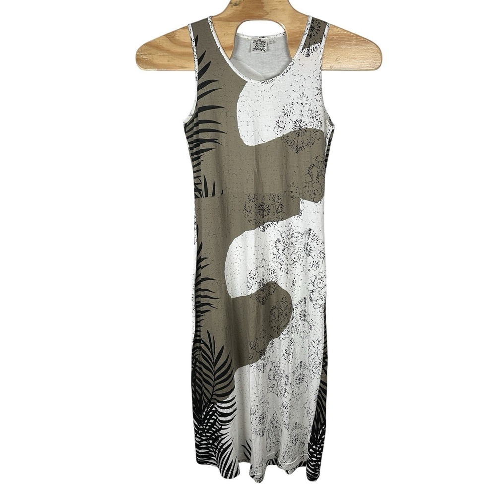 Parsley & Sage Cotton Stretch Midi Dress Womens Small Sleeveless Green Palm Art